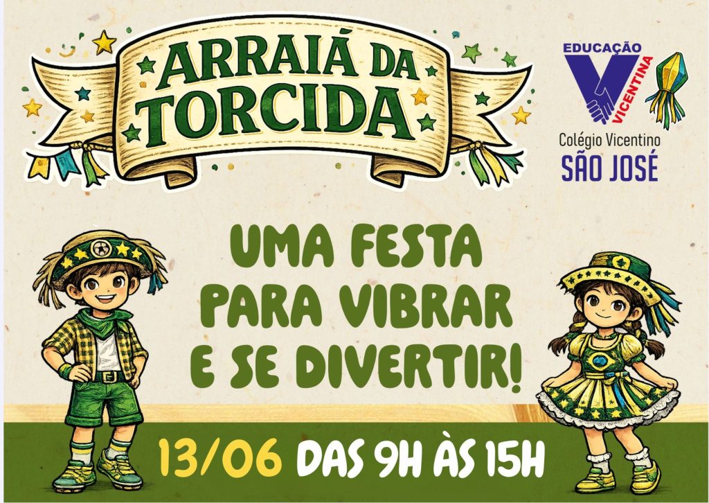 É com muita alegria anunciamos a tradicional Festa Junina do Colégio Vicentino São José, que, neste ano, terá como tema “Arraiá da Torcida”. Nossa festa é um momento muito aguardado por toda a comunidade escolar, pois, além de celebrar as tradições da cultura junina brasileira, também fortalece os laços de convivência, amizade e parceria entre escola e famílias. No “Arraiá da Torcida”, a proposta deste ano vai além do forró e das comidas típicas. A temática adotada promove a valorização da cultura brasileira e do esporte e integra as tradições das festas juninas ao espírito esportivo presente em grandes eventos, como a Copa do Mundo. Essa abordagem também incentiva a participação, o respeito, a cooperação e a aprendizagem interdisciplinar. Nesse contexto, buscamos trazer ainda mais animação ao nosso arraiá, reforçando o espírito de união, alegria e torcida. Contamos com a presença e participação de todos para tornar este momento ainda mais especial e cheio de alegria. Confira informações no comunicado enviado no Portal Escolar.